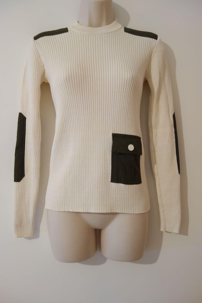 beige ribbed knit patch pocket jumper