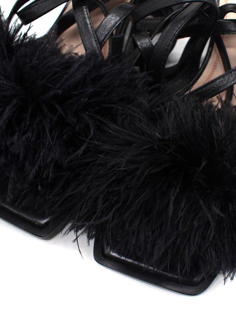 Nodaleto Black Feather Embellished Wrap Around Heels