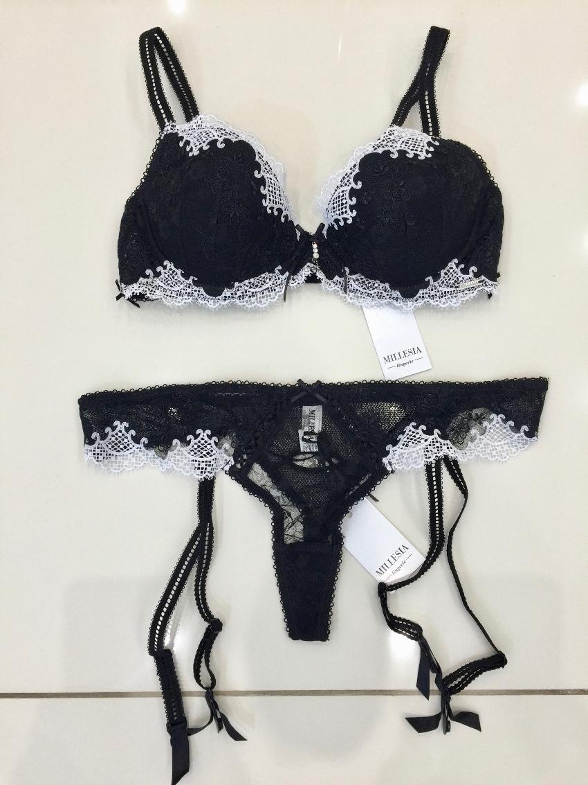 Millesia Black & White Guipure Lace Pad Bra & Suspender Thong Set