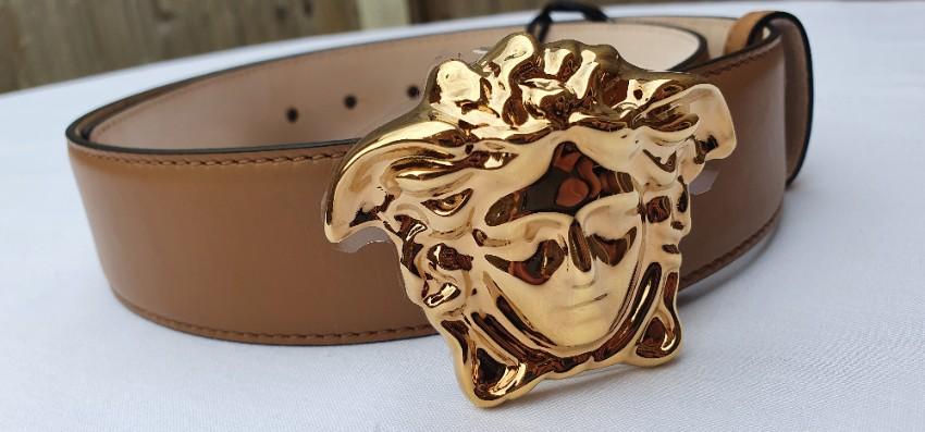 Versace Caramel Medusa Head Palazzo Belt - Size 80