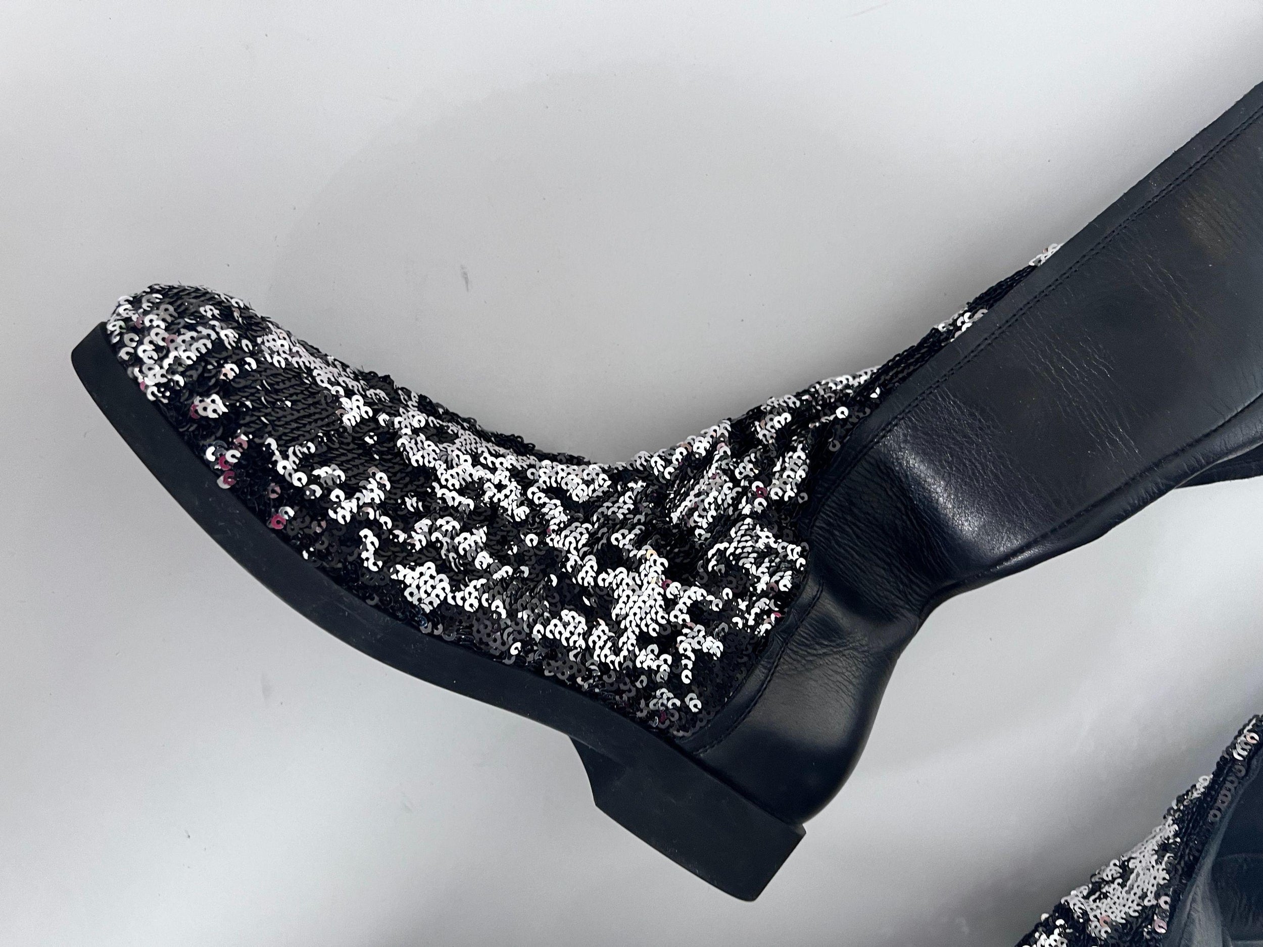 Black Leather Sequinned Over the Knee Boots