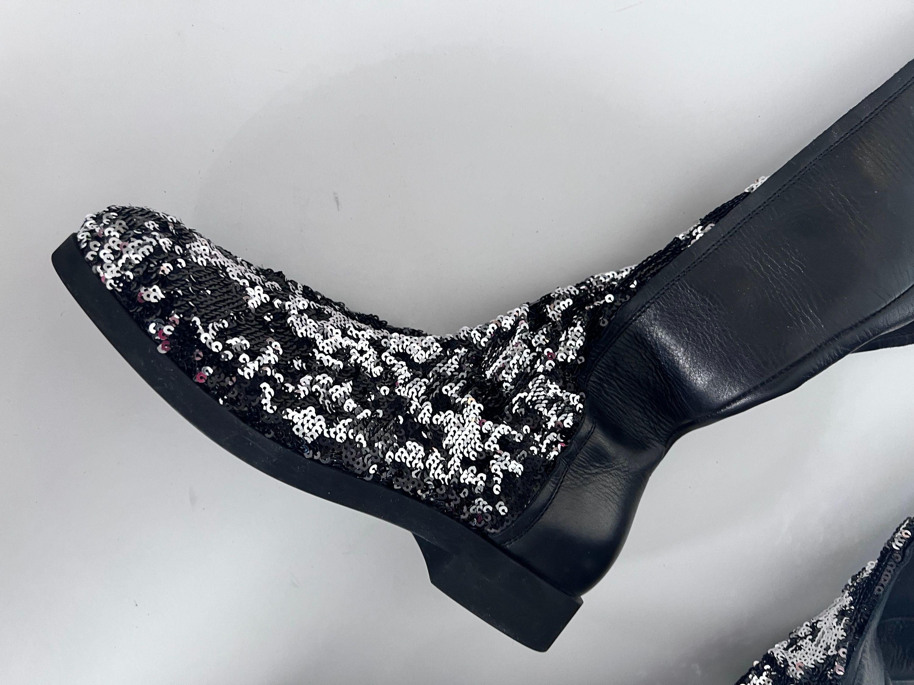 Black Leather Sequinned Over the Knee Boots