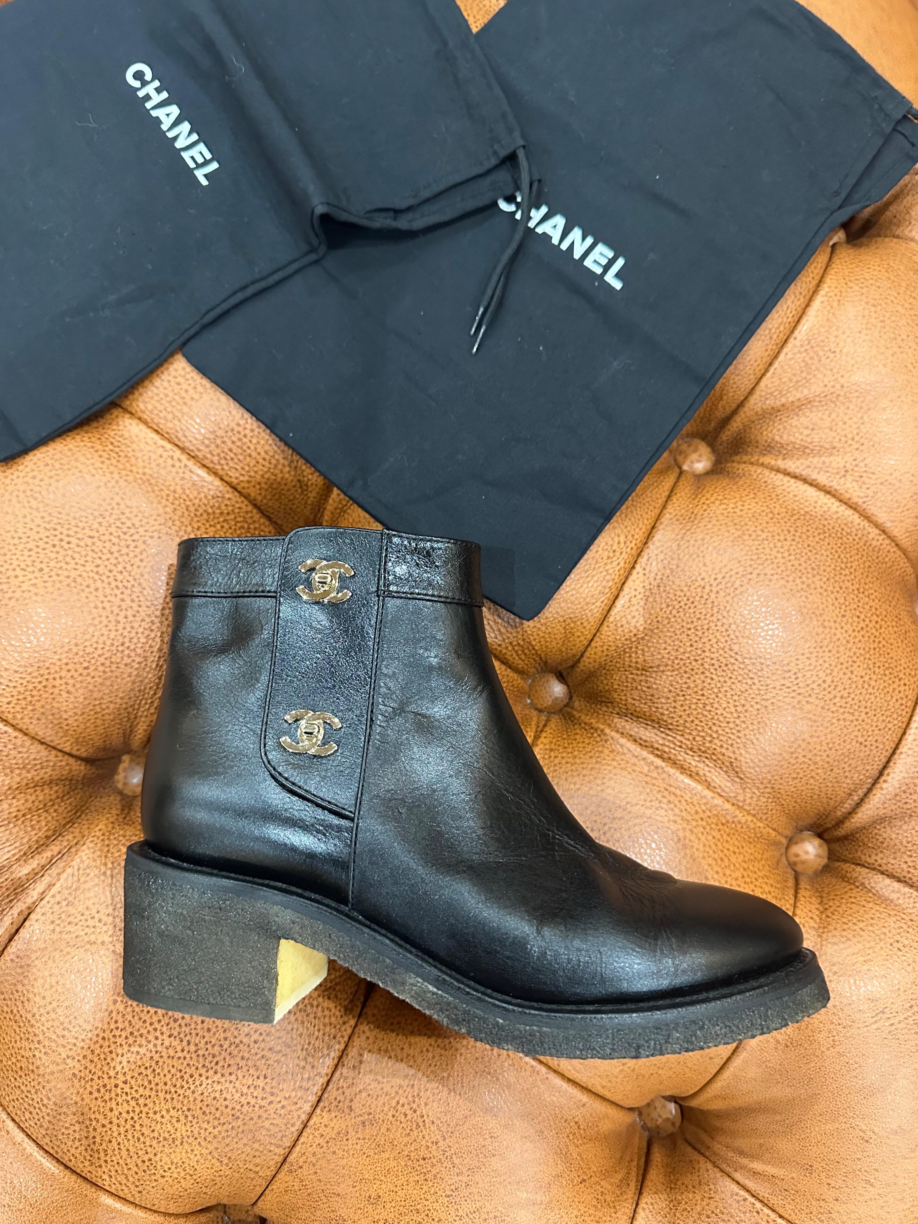 Chanel Black Interlocking CC Logo Ankle Boots