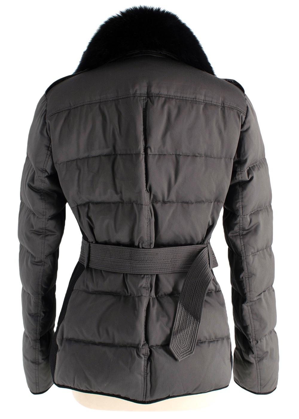 Burberry Grey Belted Puffer Coat with Faux Fur Trim