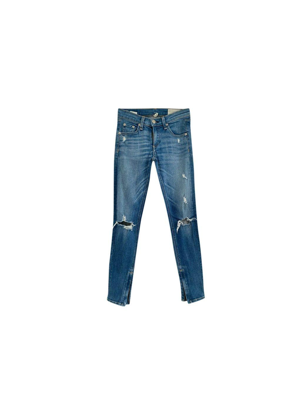 Mid-wash distressed denim Zipper Capri jeans