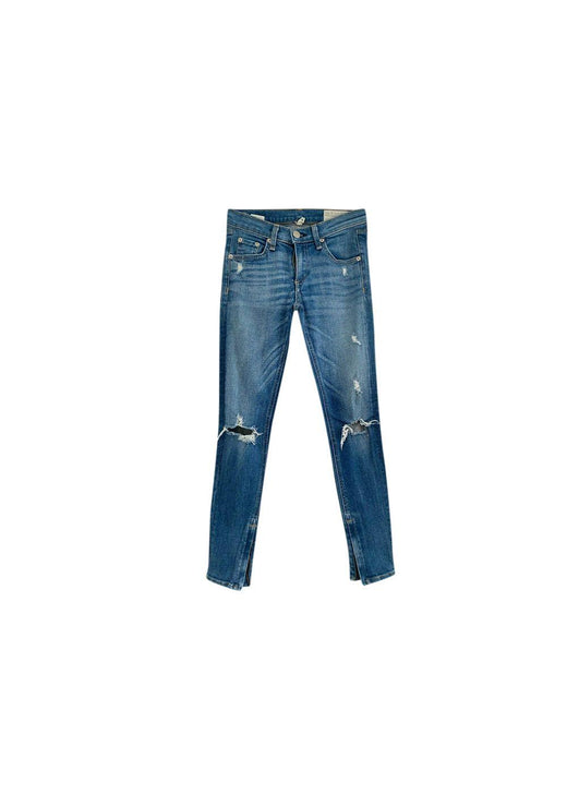 Mid-wash distressed denim Zipper Capri jeans