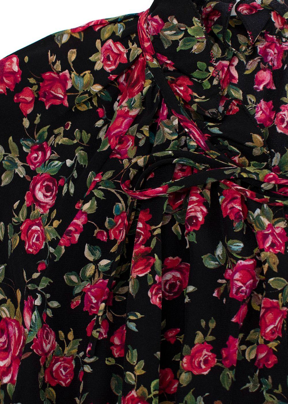 Dolce & Gabbana Black and Rose Floral Midi Silk Dress