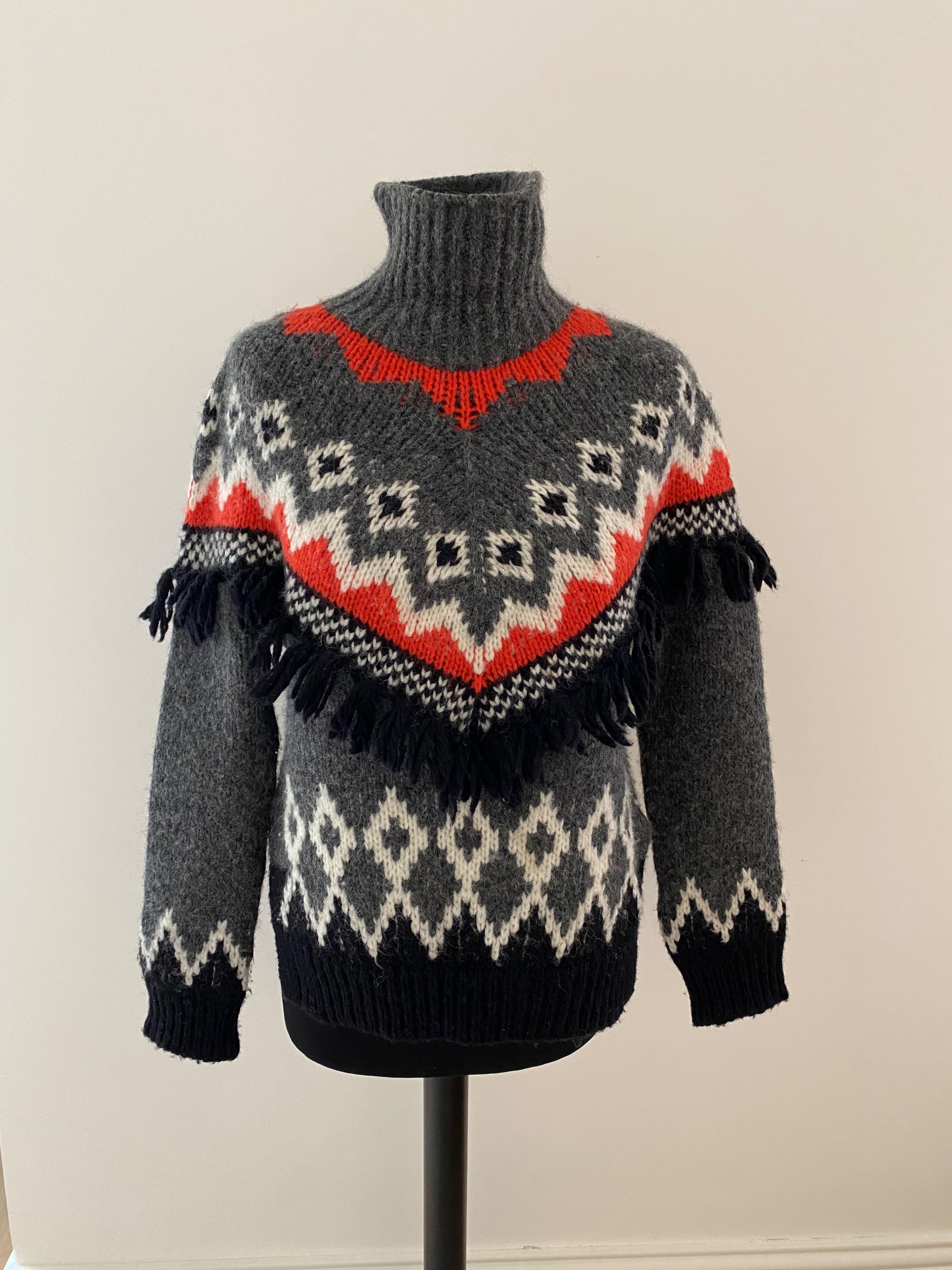 intarsia patterned fringed jumper