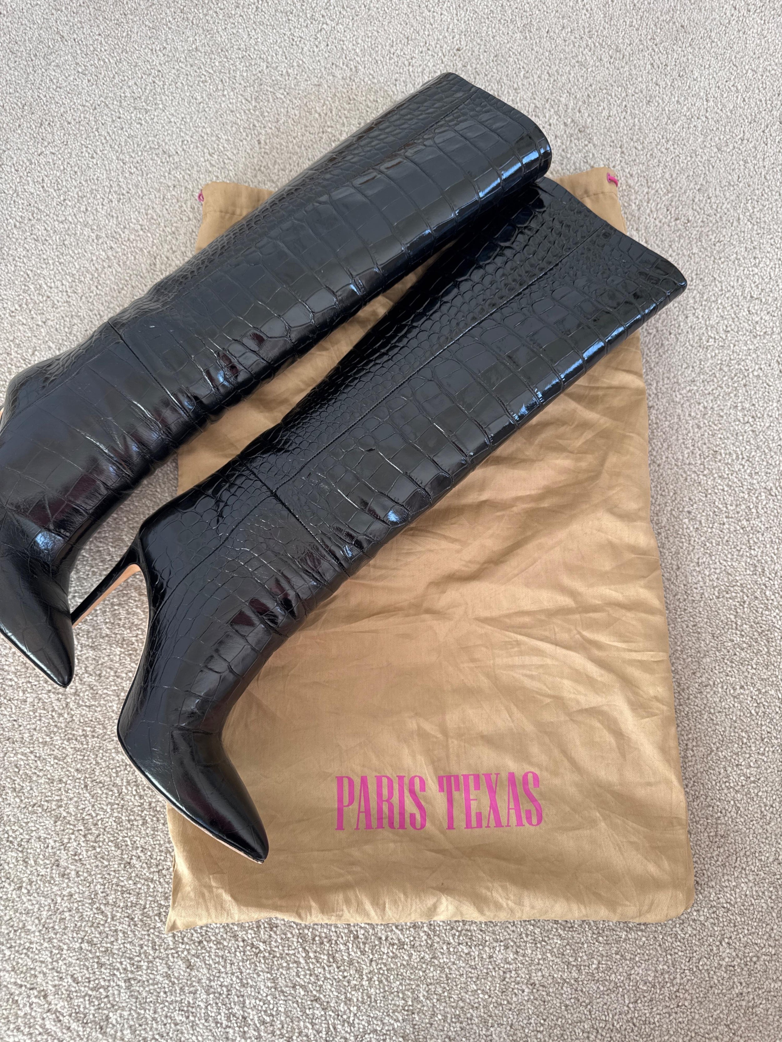 Croc Effect Glossy Black Leather Boots