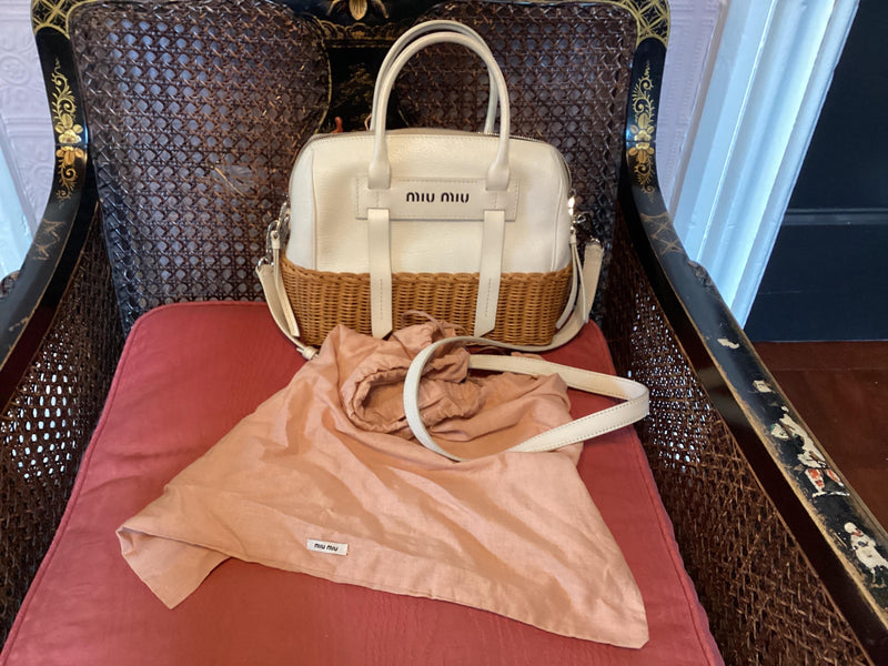 Miu Miu White Midollino Leather and Raffia Top Handle Bag