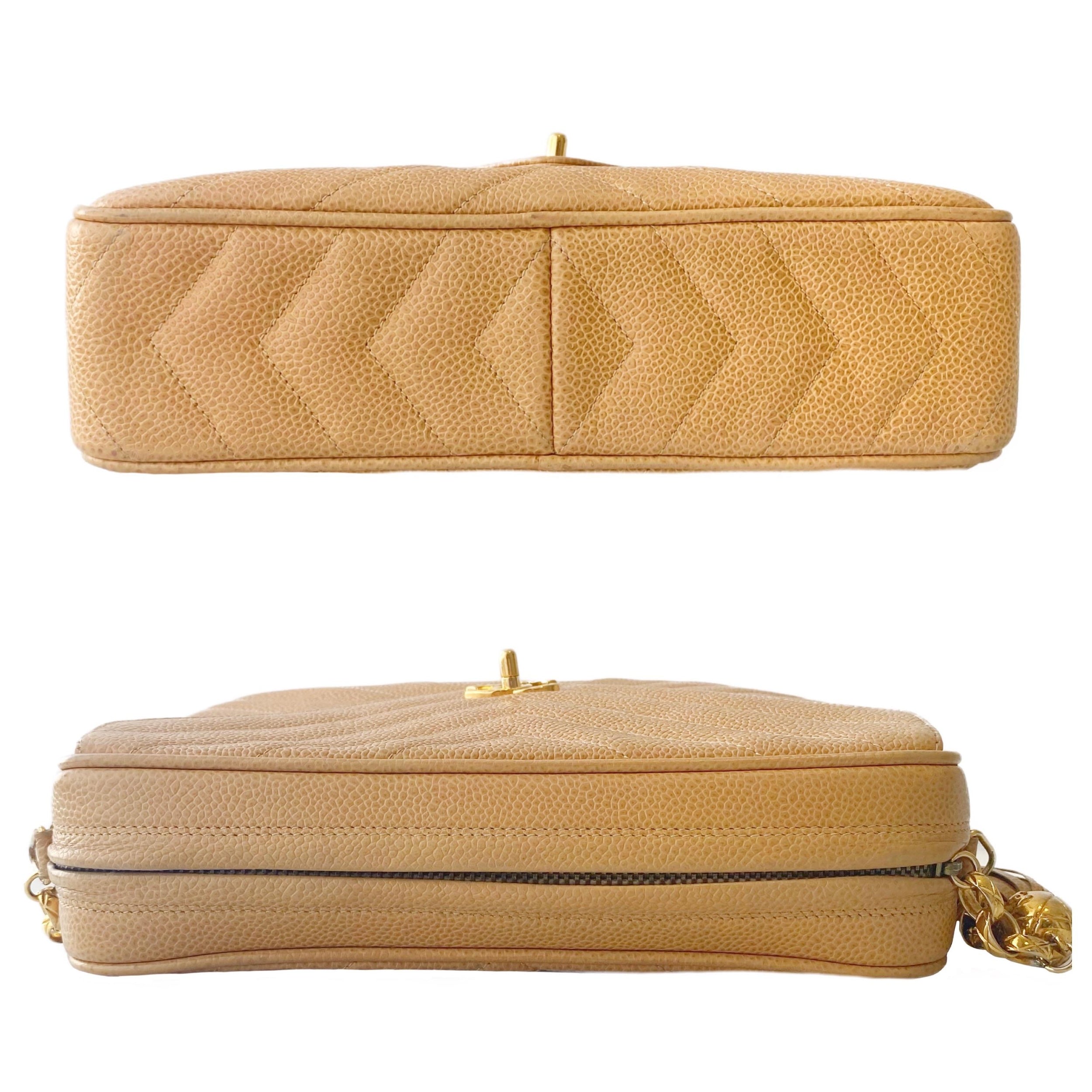 Beige Quilted Chevron Caviar Bijoux Camera Flap Bag