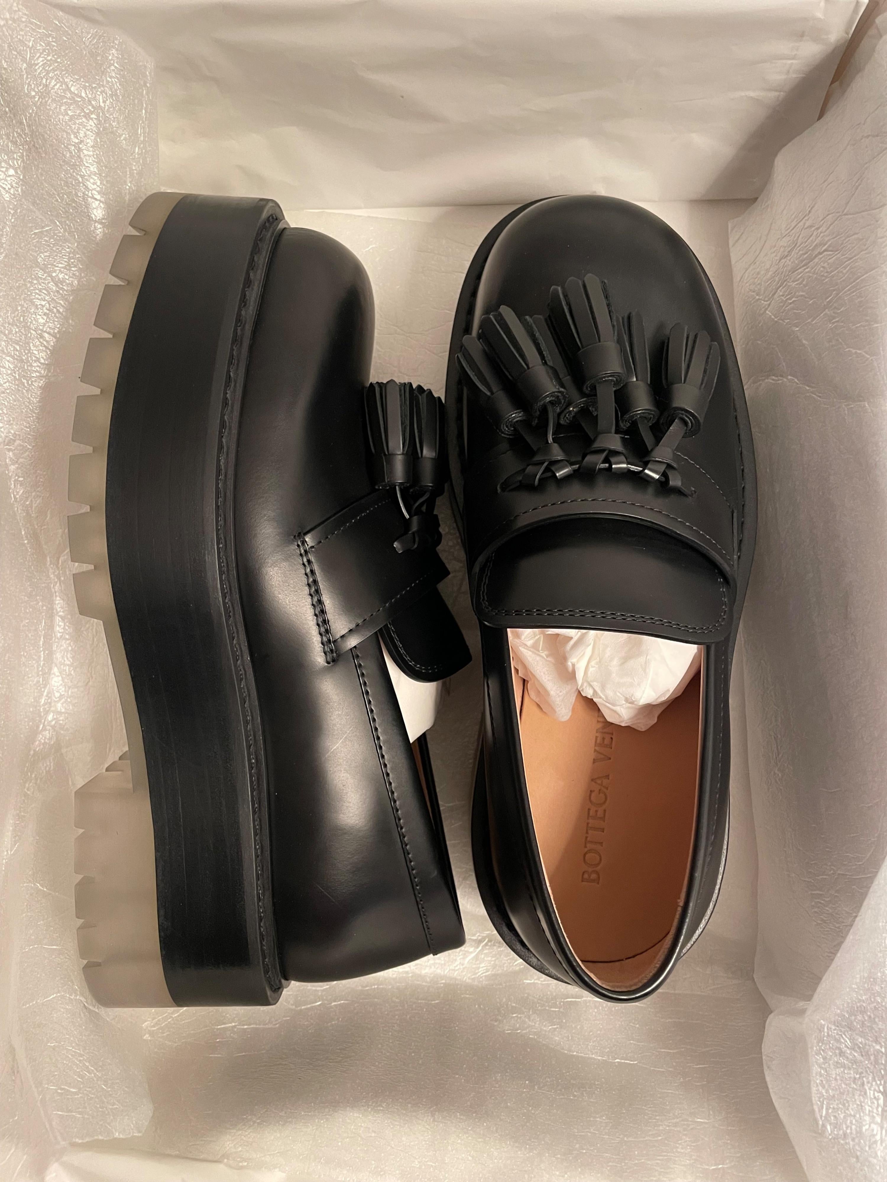 Bottega Veneta Black Tassel Loafers with Clear Sole Detail
