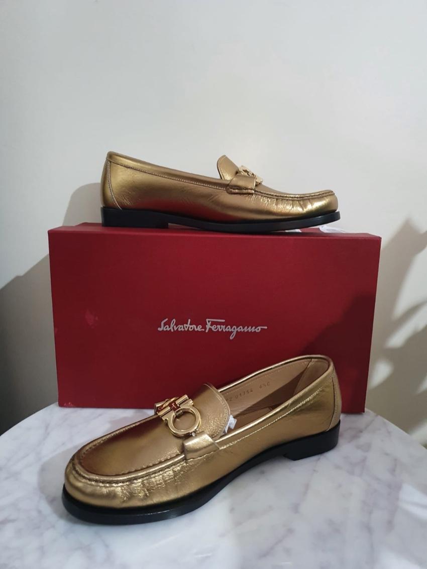 Ferragamo Metallic Leather Rolo Loafers