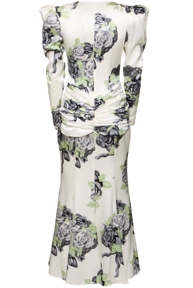 Alessandra Rich Silk Satin Rose Print Midi Dress
