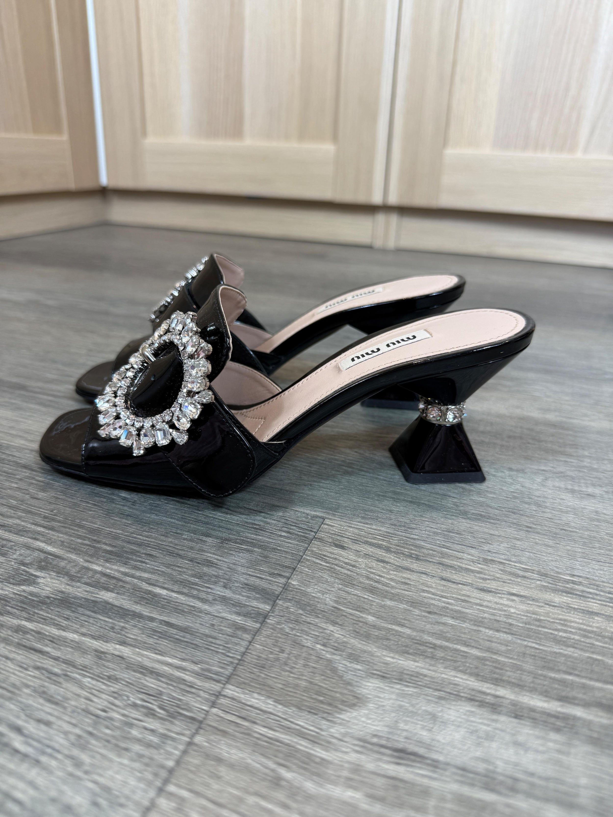 Miu Miu Crystal Embellished Black Mules