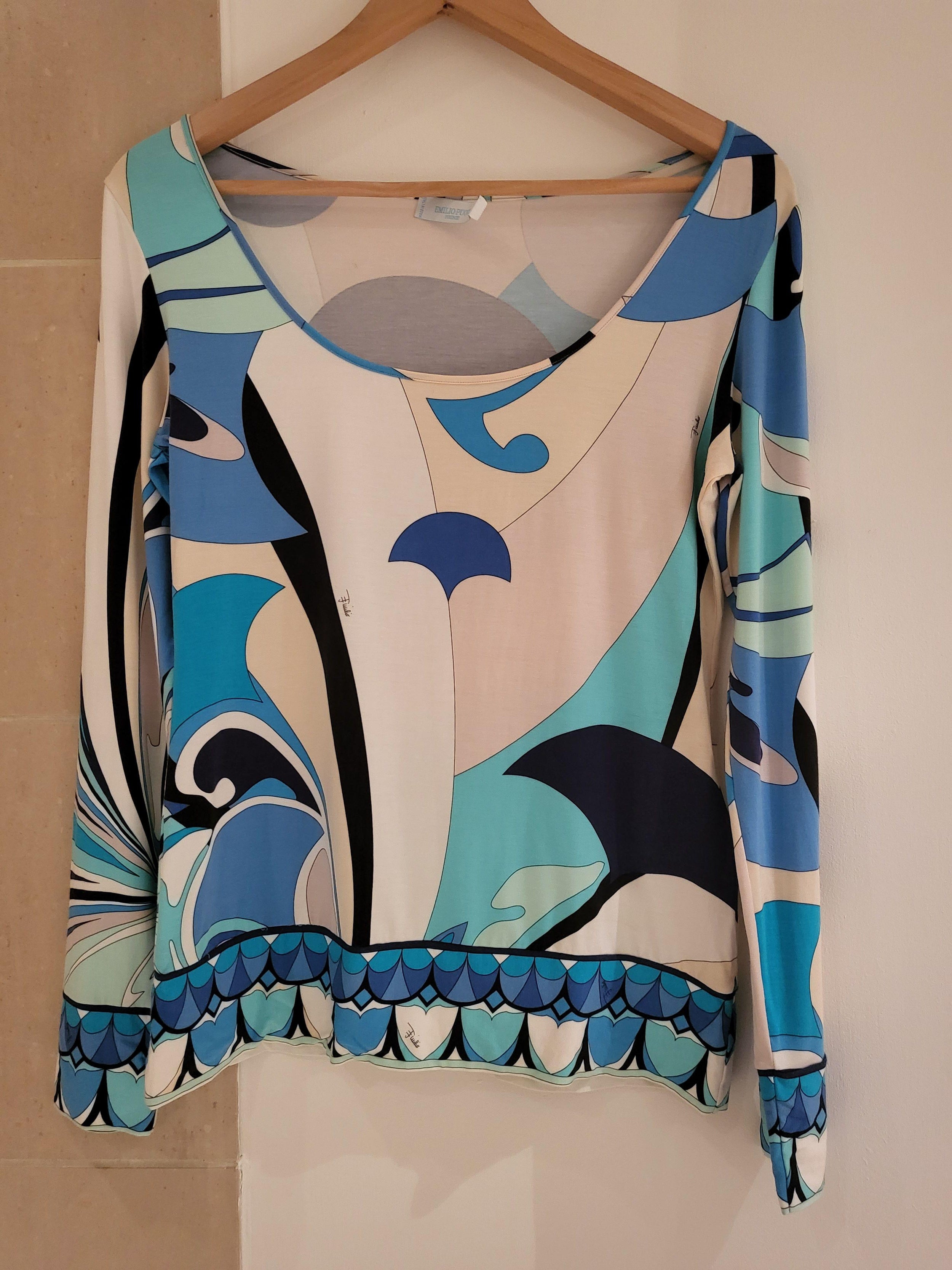 Emilio Pucci Blue Abstract Print Long Sleeve Top