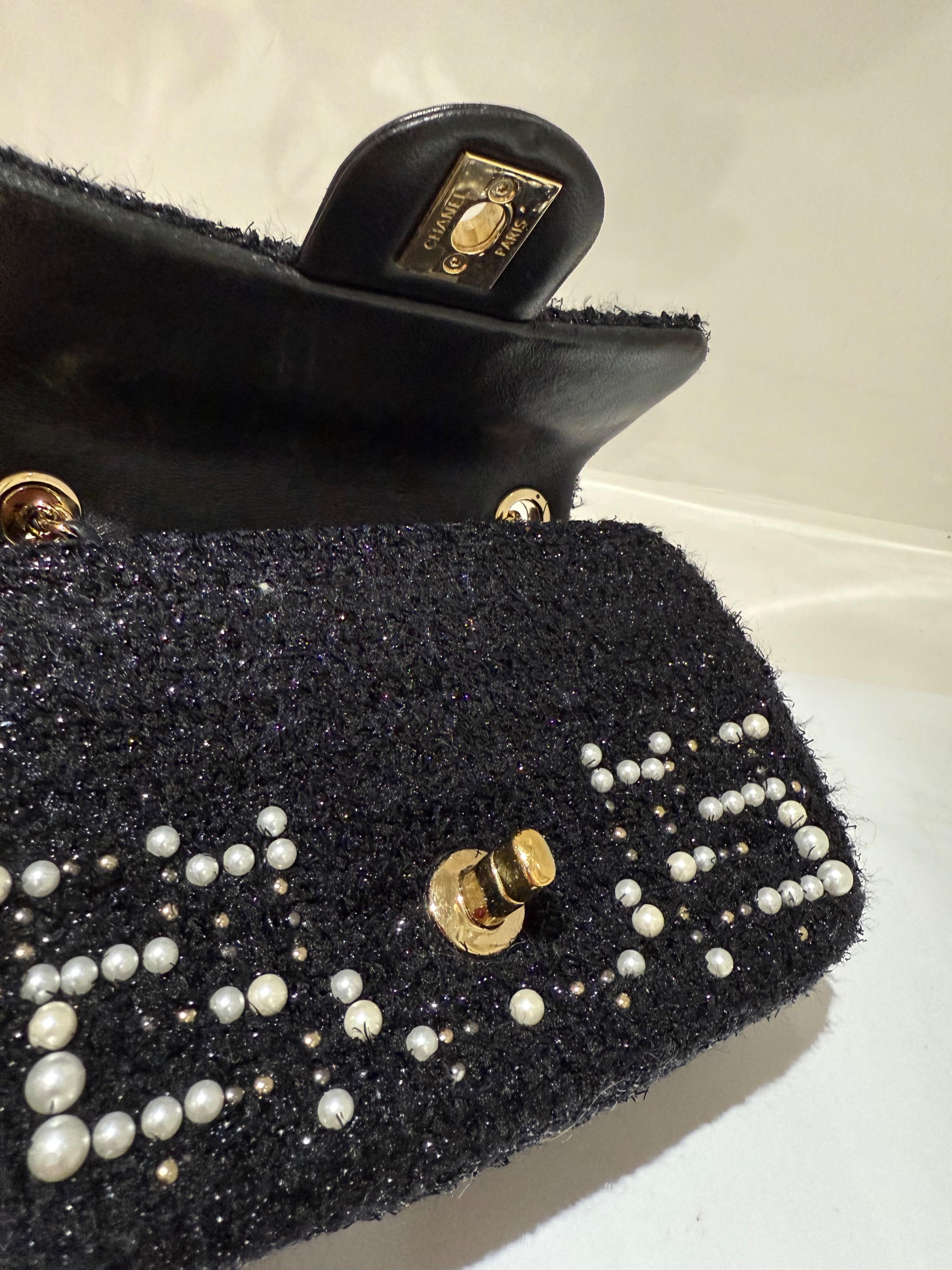 Chanel Black Tweed Cosmos Pearl Single Flap Bag