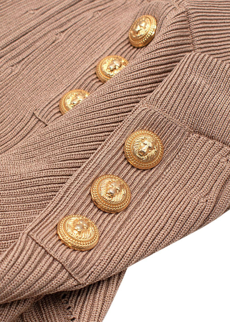 Balmain Camel Ribbed Knit Mini Skirt with Gold Button Detail