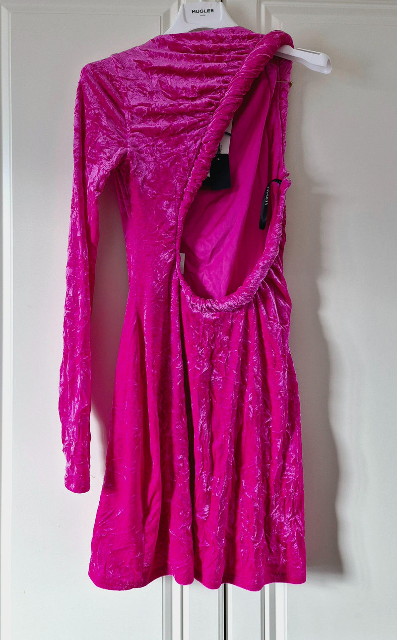 One-shoulder open-back crushed-velvet mini dress