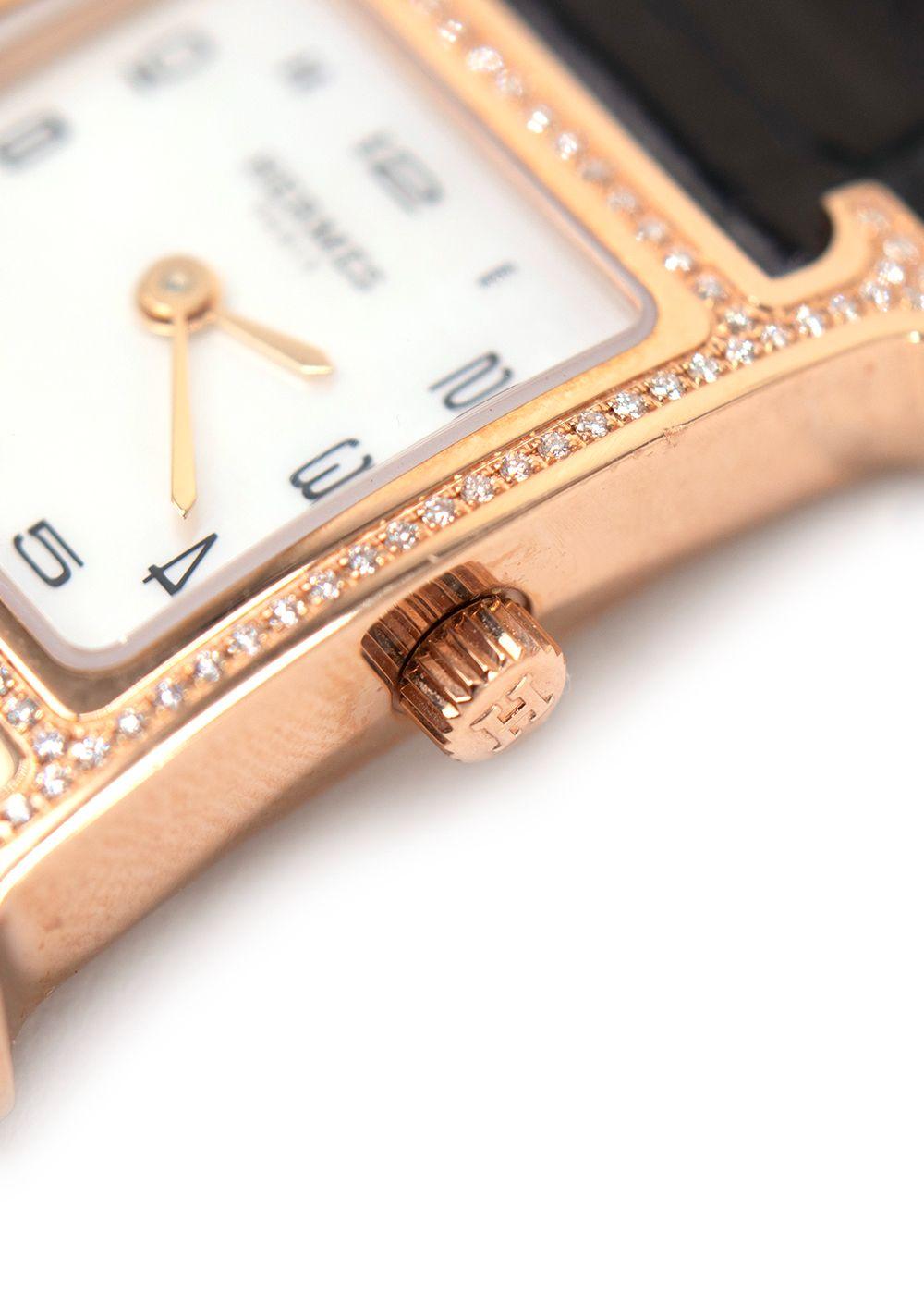 Hermes Black Alligator and Diamond Heure H Watch with Rose Gold Hardware