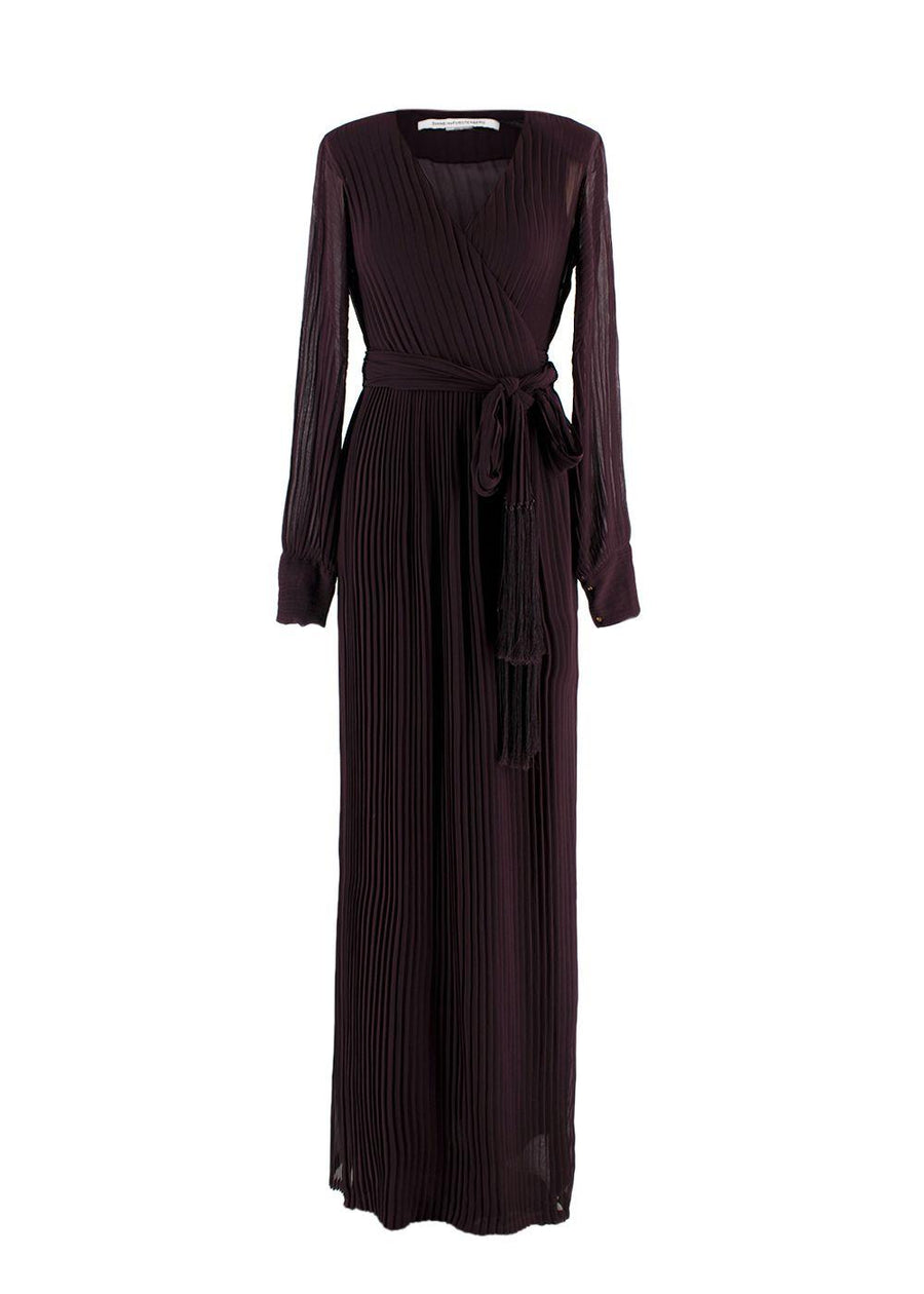 Diane Von Furstenberg Burgundy Pleated Wrap Maxi Dress