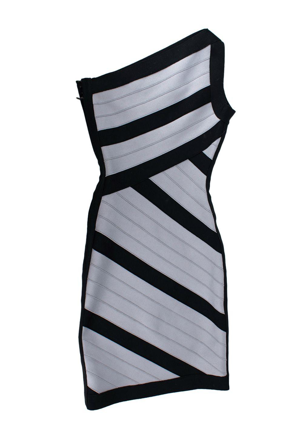 Herve Leger Black and Grey Striped One Shoulder Mini Dress