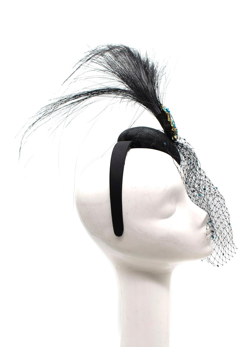 Black & Peacock Blue Crystal Embellished Mini Disc Fascinator with Veil