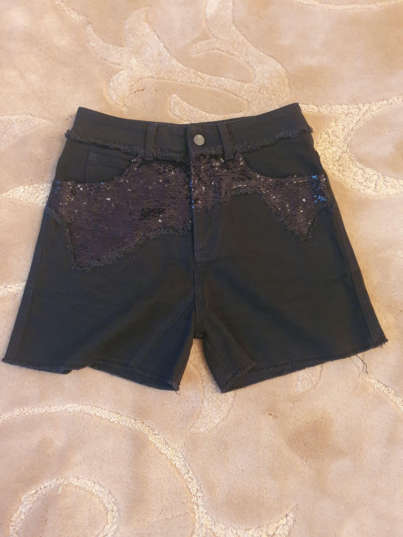 black sequin denim shorts