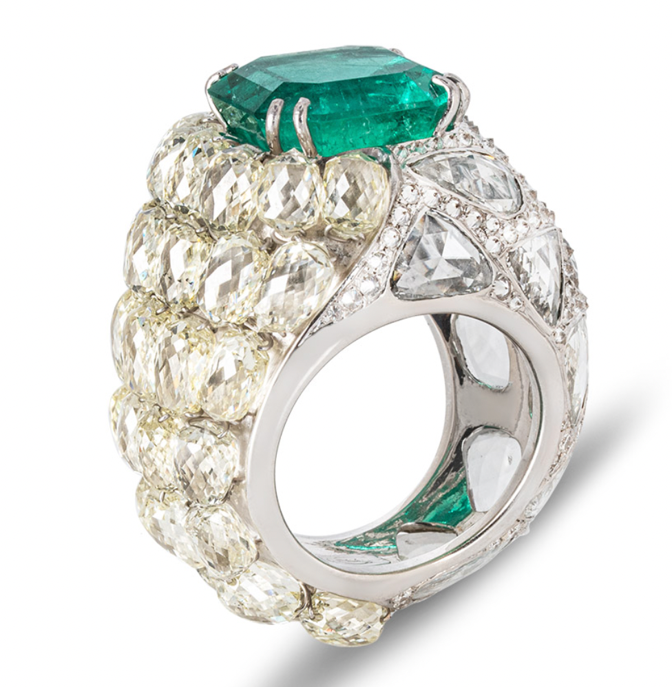 Diamond & Emerald 18ct White Gold - Size 52