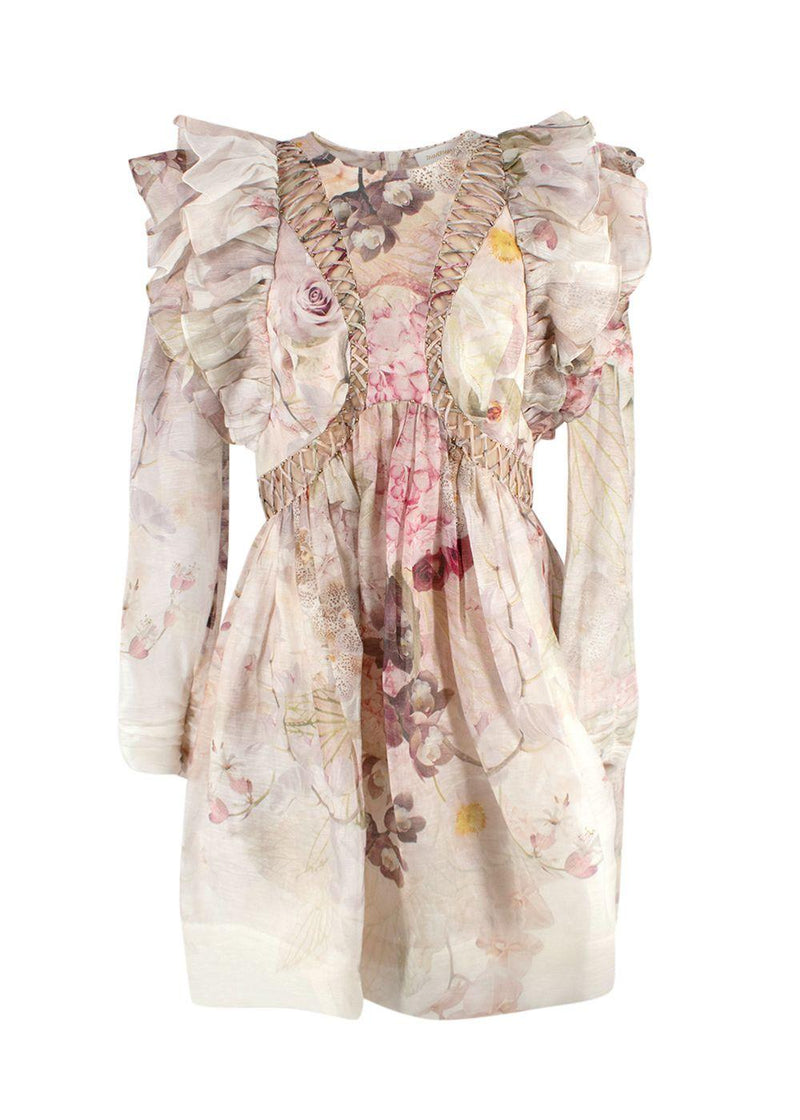 Zimmermann Dancer Ruffled Bead-Embellished Floral-Print Linen And Silk-Blend Organza Mini Dress