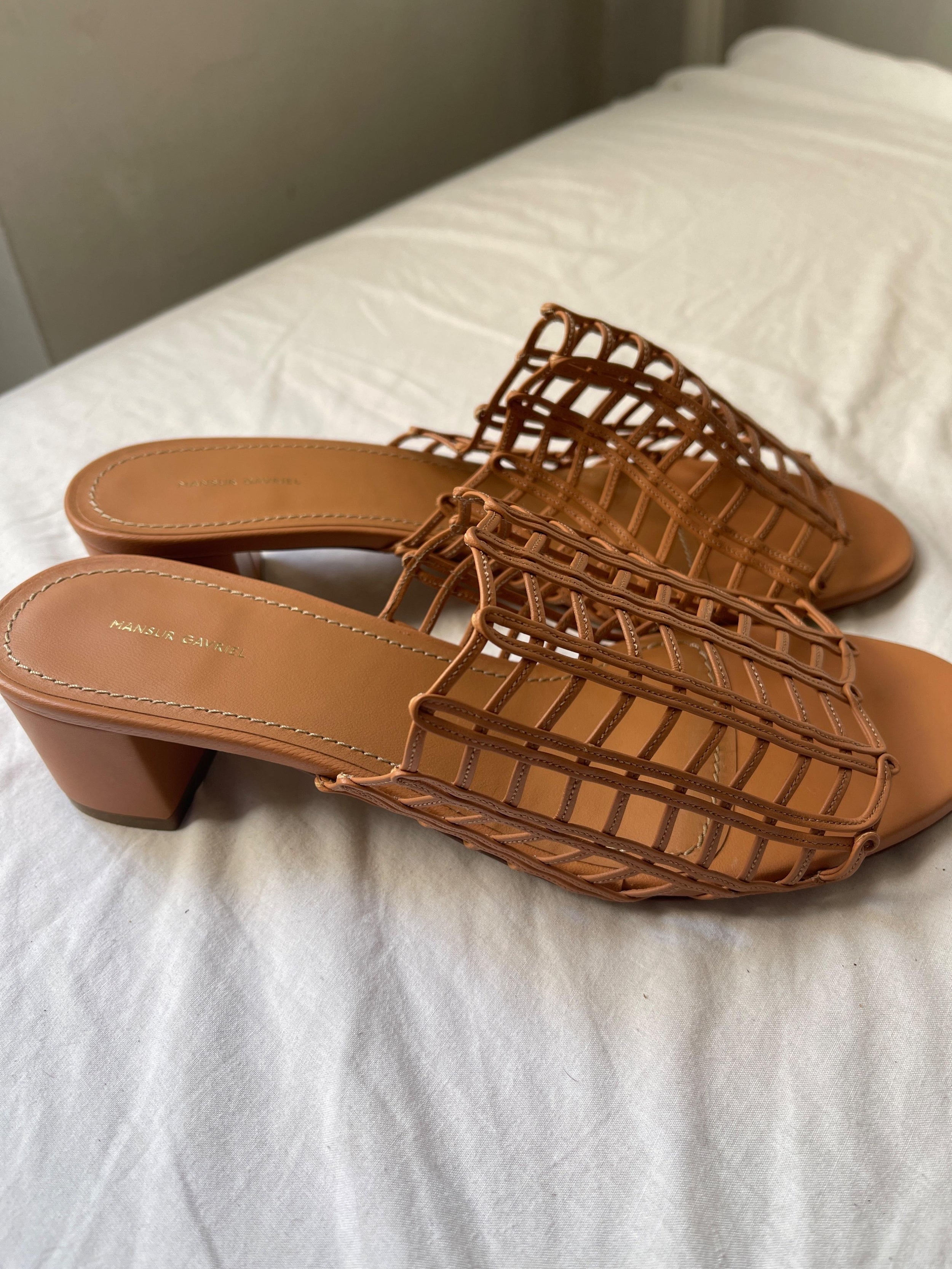 Tan woven leather block heeled mules