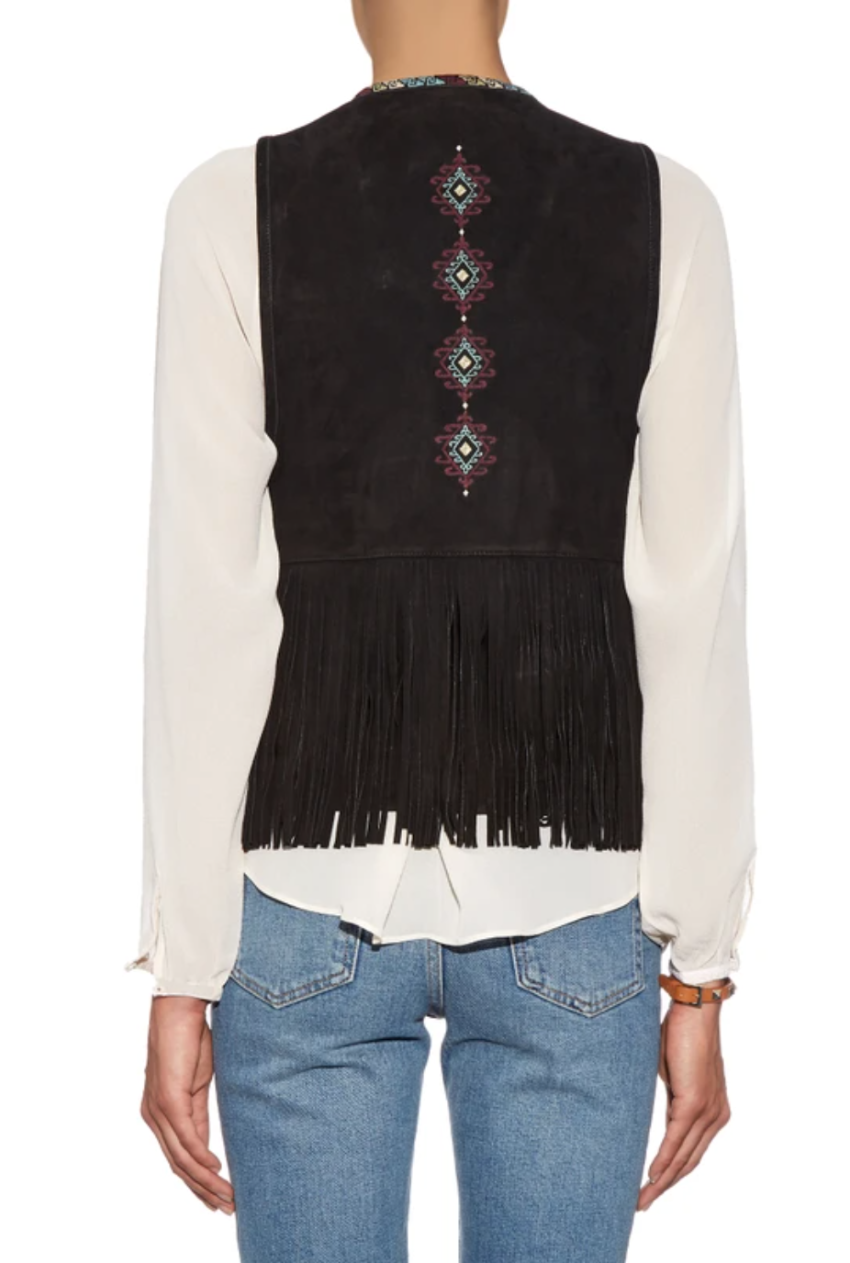 Talitha Black Embroidered Suede Fringed Gilet