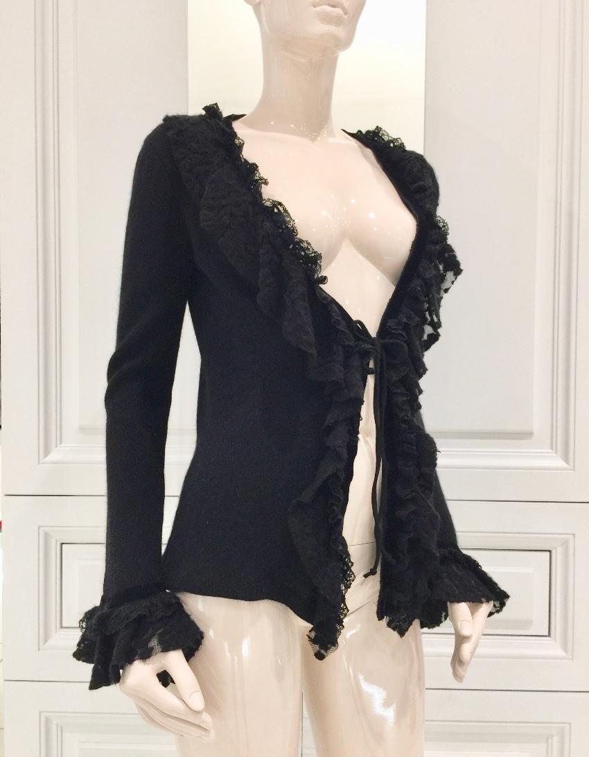 Blumarine Black Angora Wool & Leavers Lace Soft Jacket Cardigan