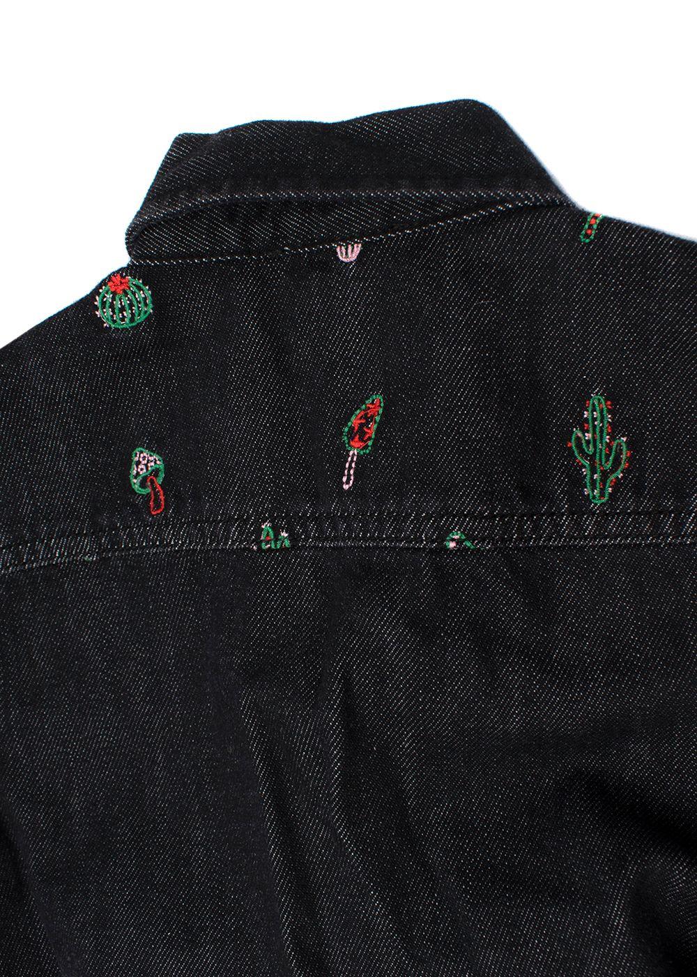 Charcoal Grey Denim Shirt With  Cactus Embroidery