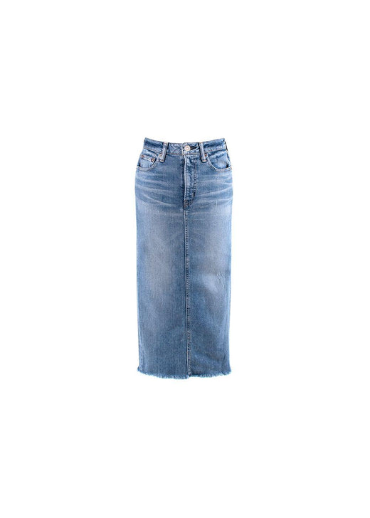 Light Wash Raw Hem Denim Midi Skirt