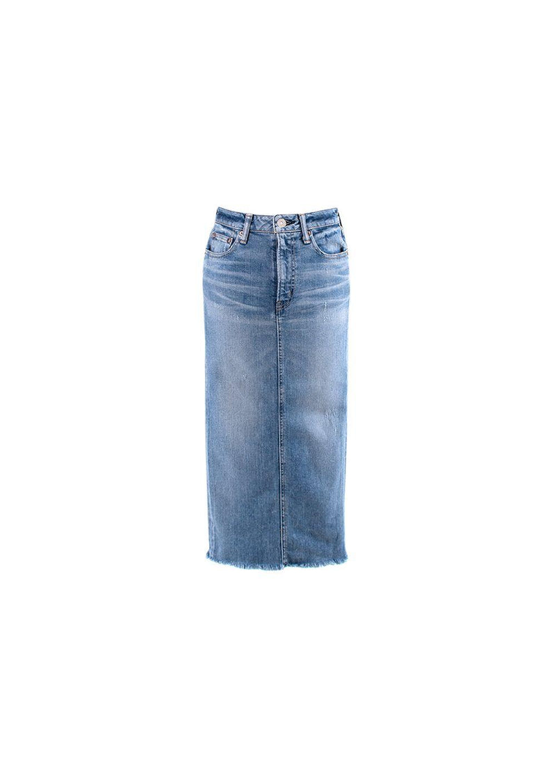 Light Wash Raw Hem Denim Midi Skirt