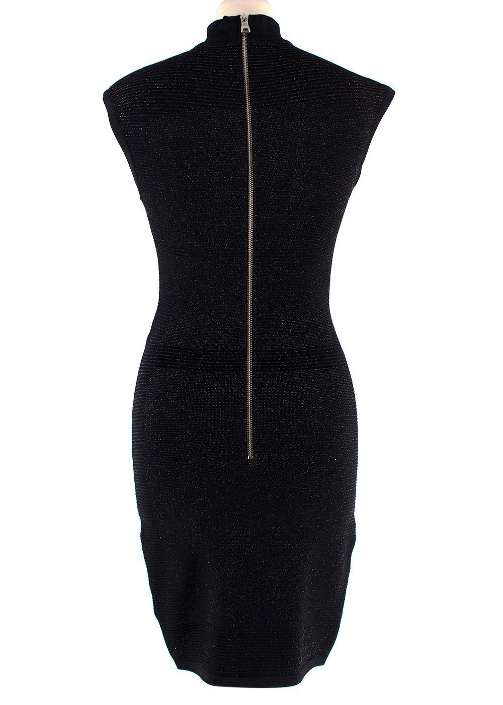 Balmain Black Metallic Ribbed Midi Dress with Silver Button Detail