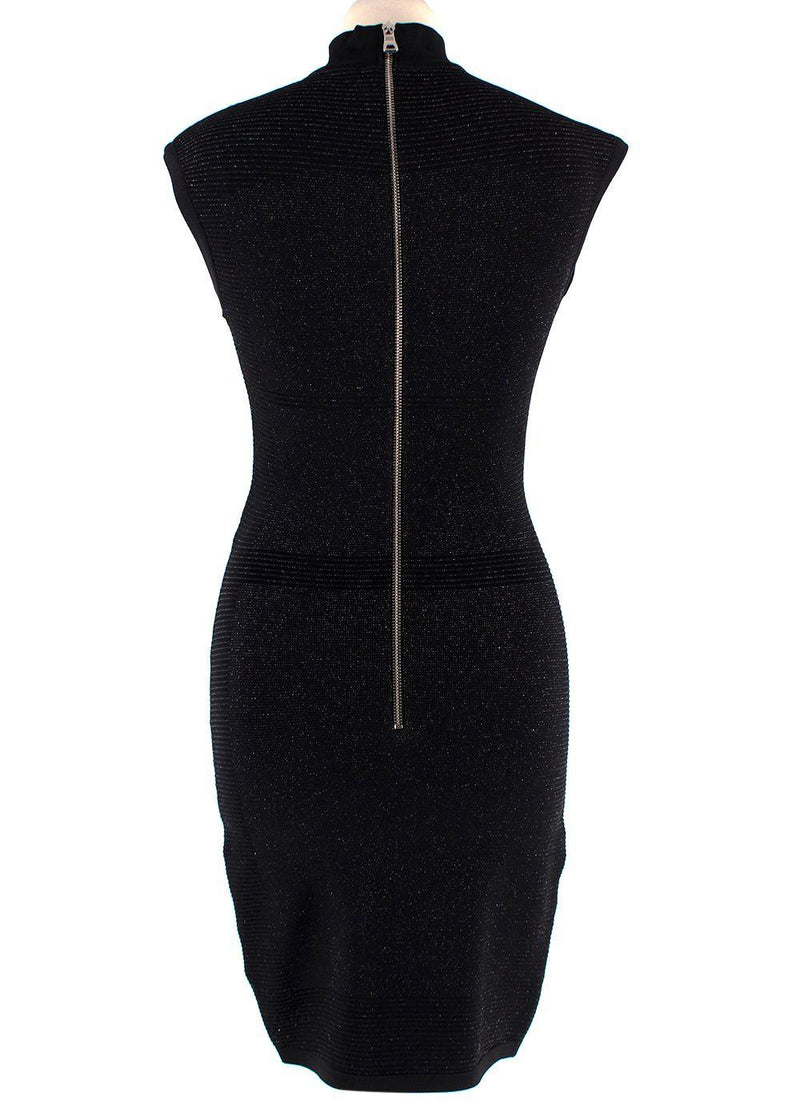Balmain Black Metallic Ribbed Midi Dress with Silver Button Detail