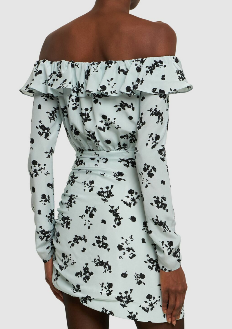 Alessandra Rich Printed Off-The-Shoulder Silk Mini Dress