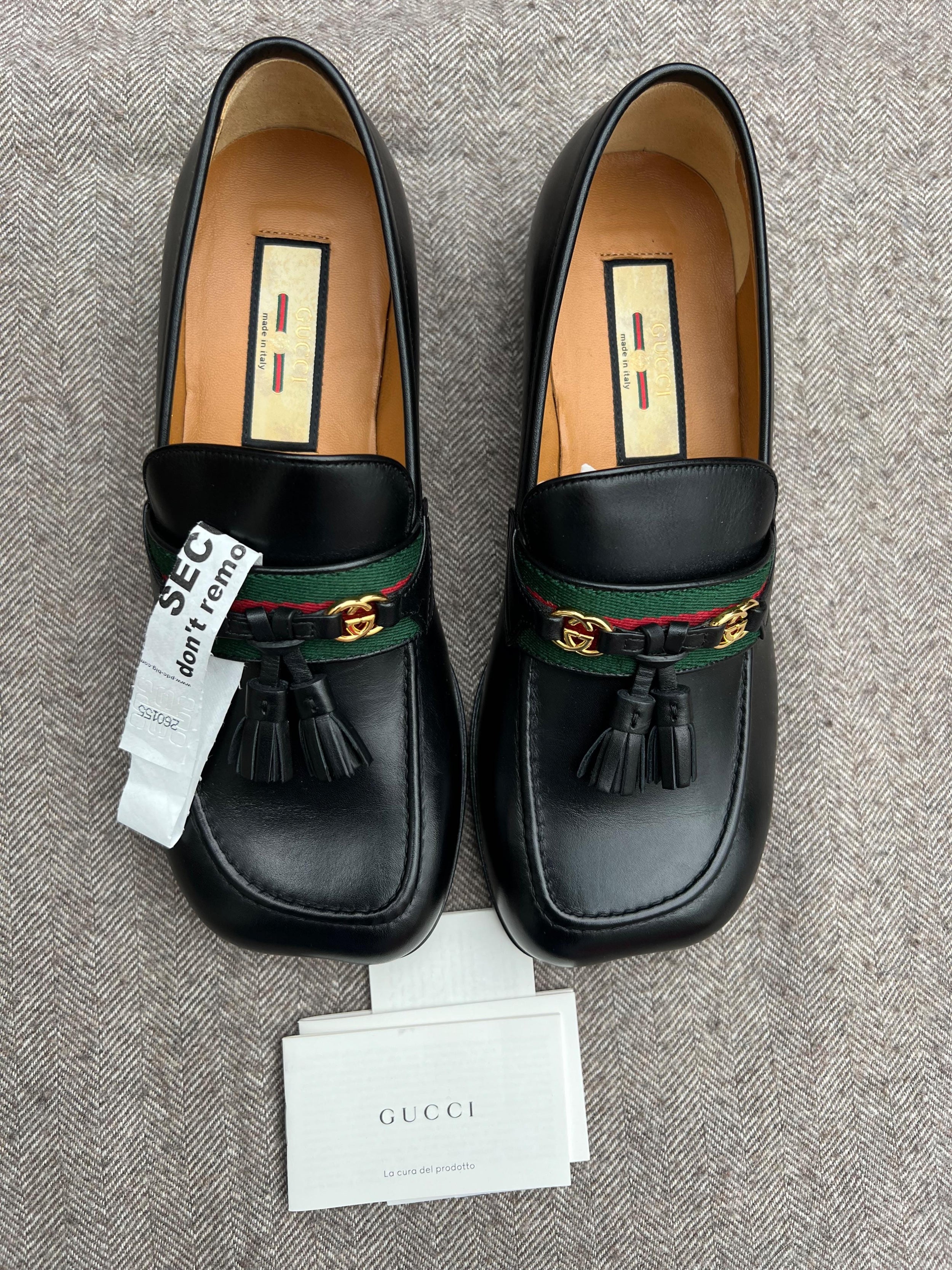 Gucci Black Leather Web Interlocking Loafers