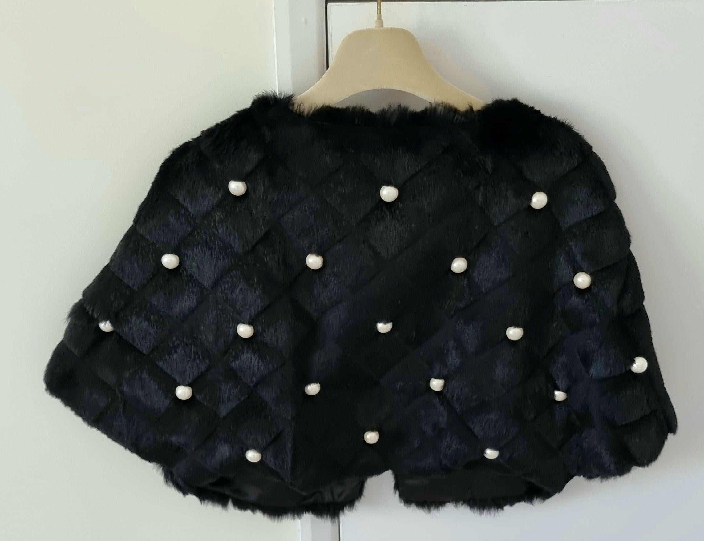 Faux Pearl Studded Black Rabbit Fur Cape
