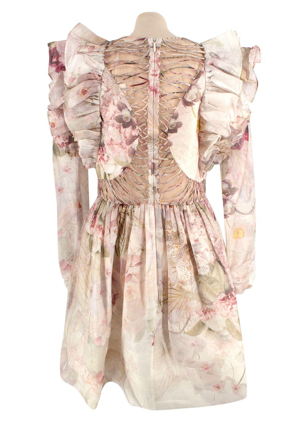 Zimmermann Dancer Ruffled Bead-Embellished Floral-Print Linen And Silk-Blend Organza Mini Dress