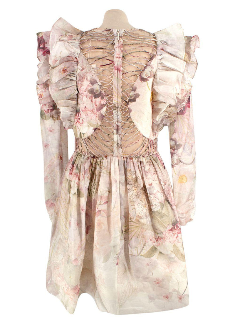 Zimmermann Dancer Ruffled Bead-Embellished Floral-Print Linen And Silk-Blend Organza Mini Dress