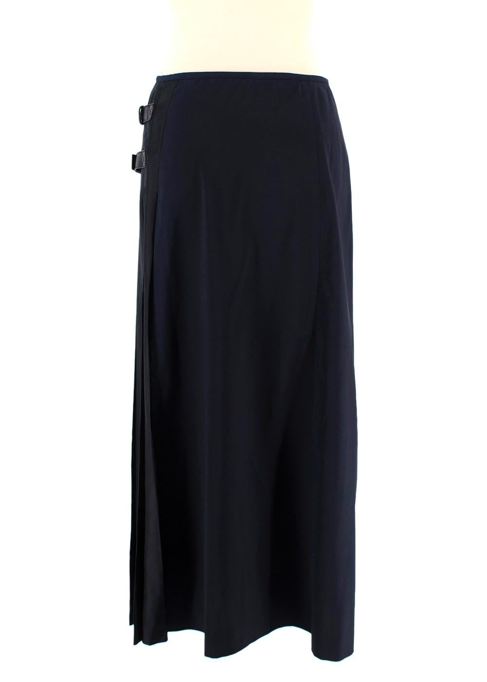 Prada Navy and Black Pleated Midi Skirt with Buckle Detail