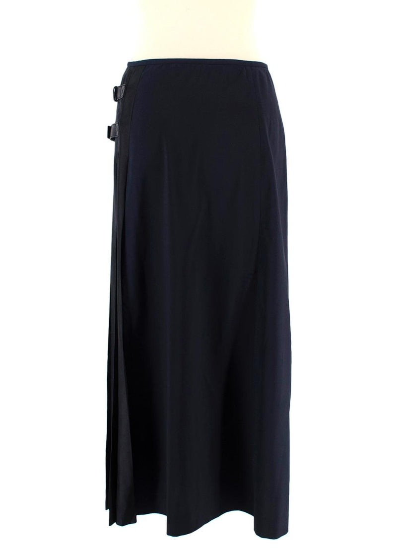 Prada Navy and Black Pleated Midi Skirt with Buckle Detail