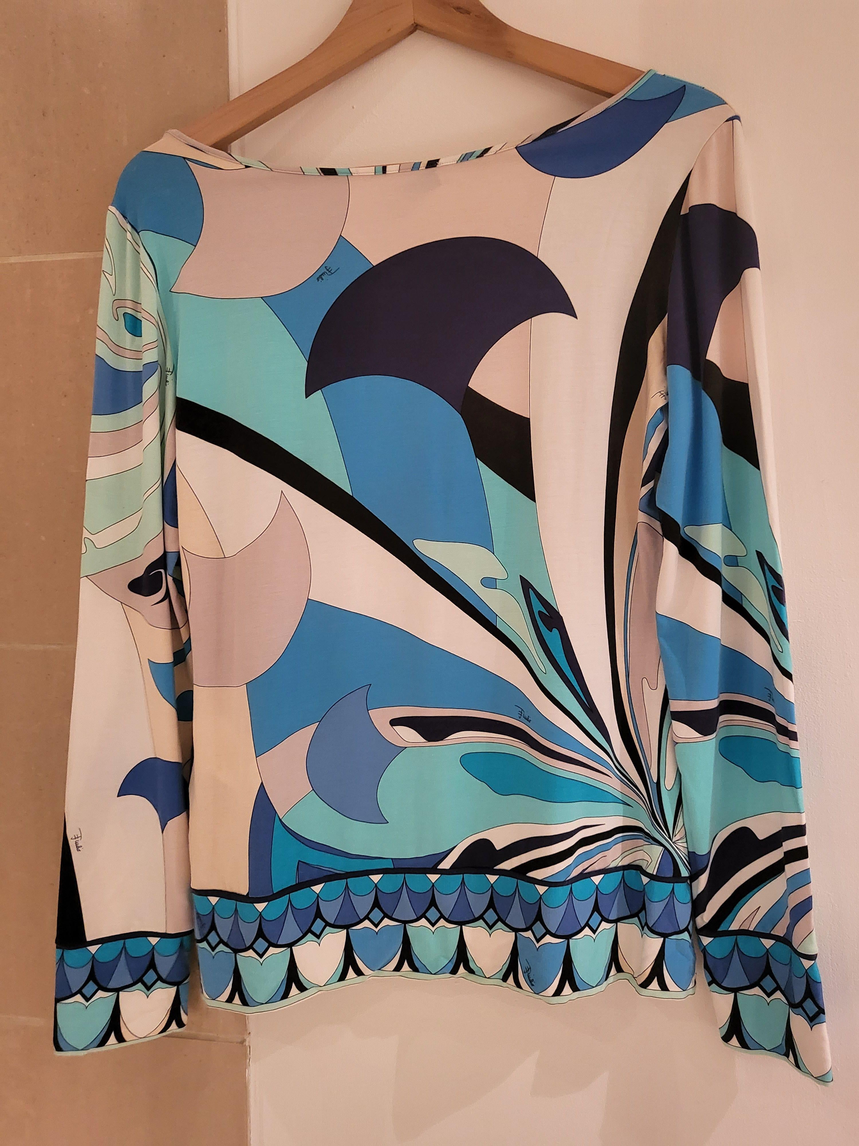 Emilio Pucci Blue Abstract Print Long Sleeve Top