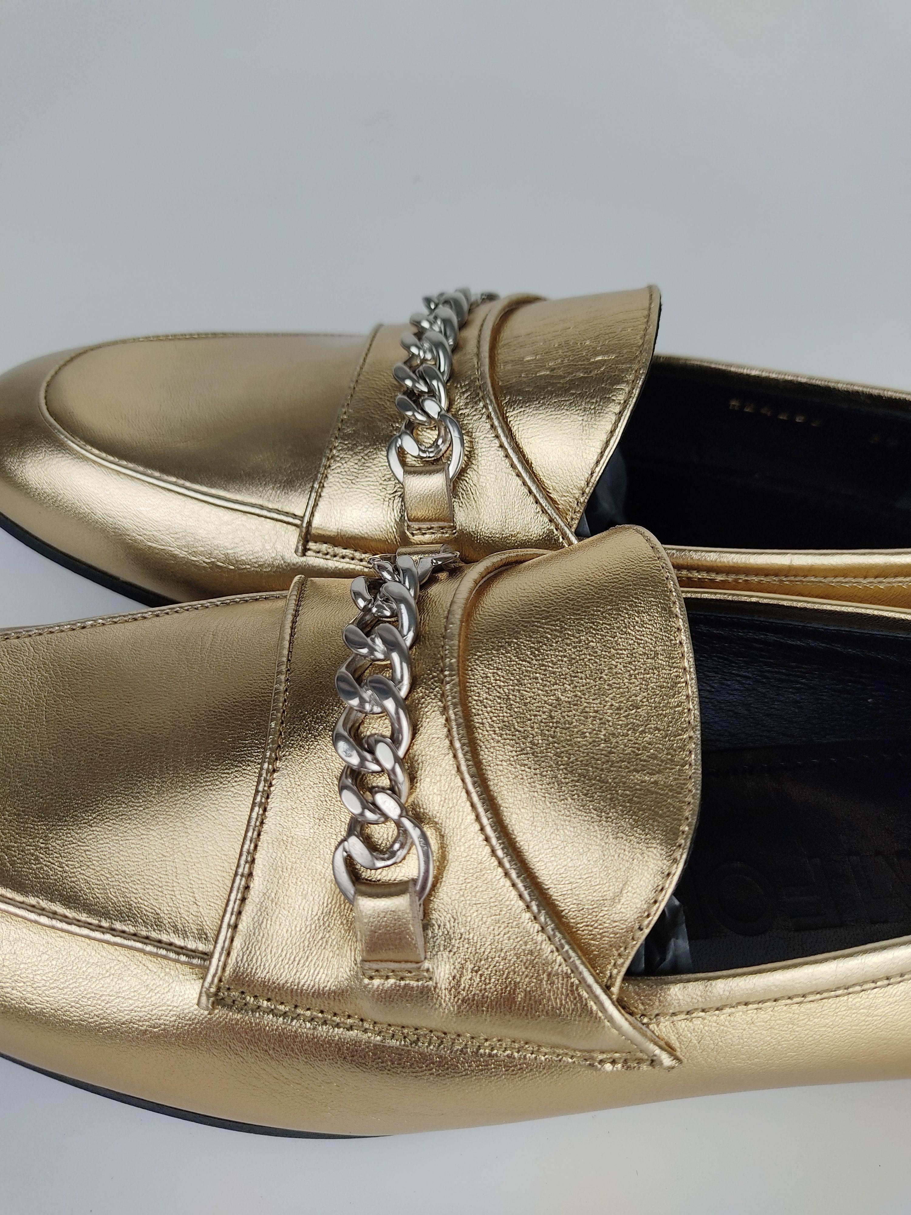 Gold leather chain embellished flat loafers