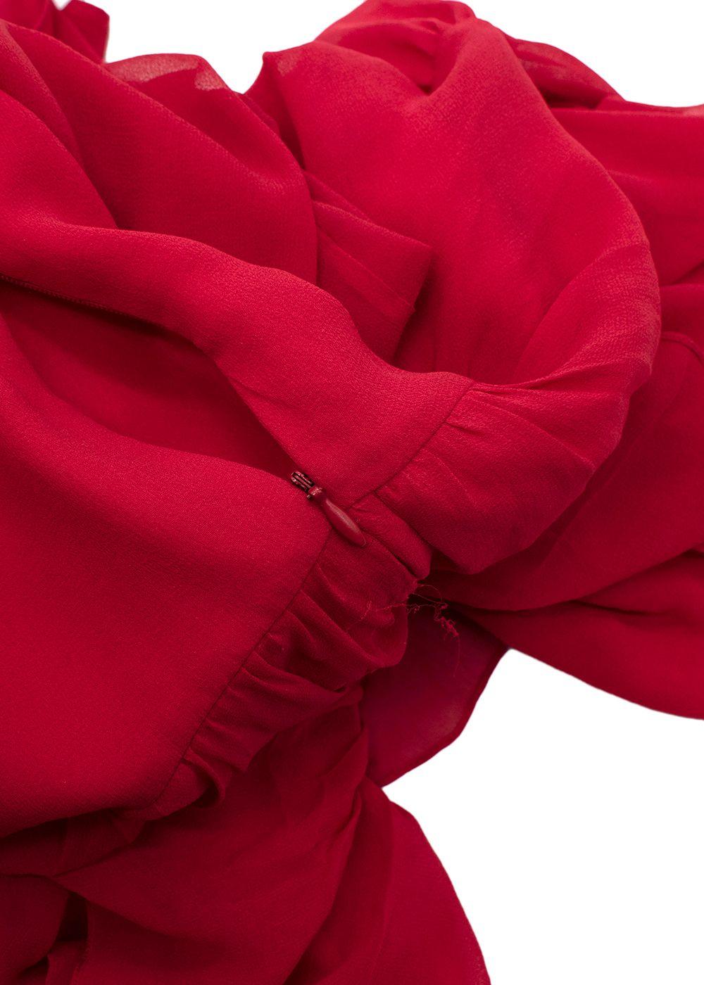 Red Silk Ruffled Long Sleeved Dress