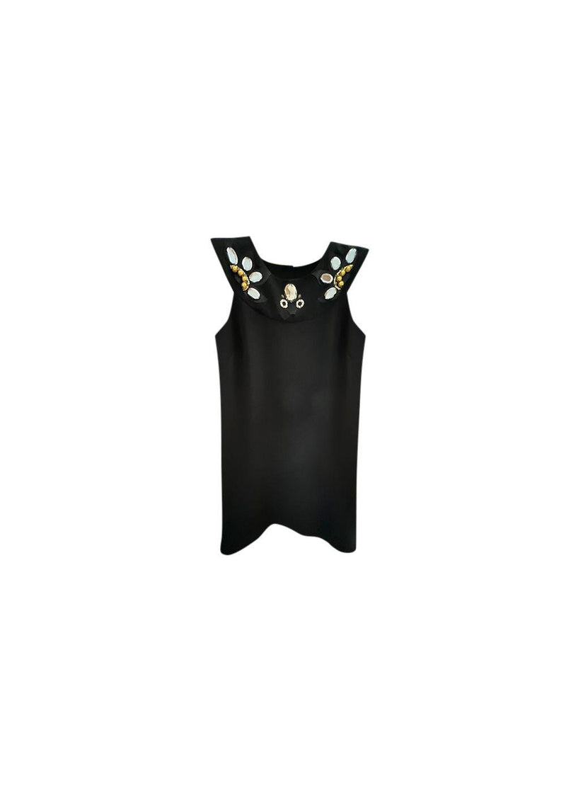 Black crepe embellished neckline shift dress