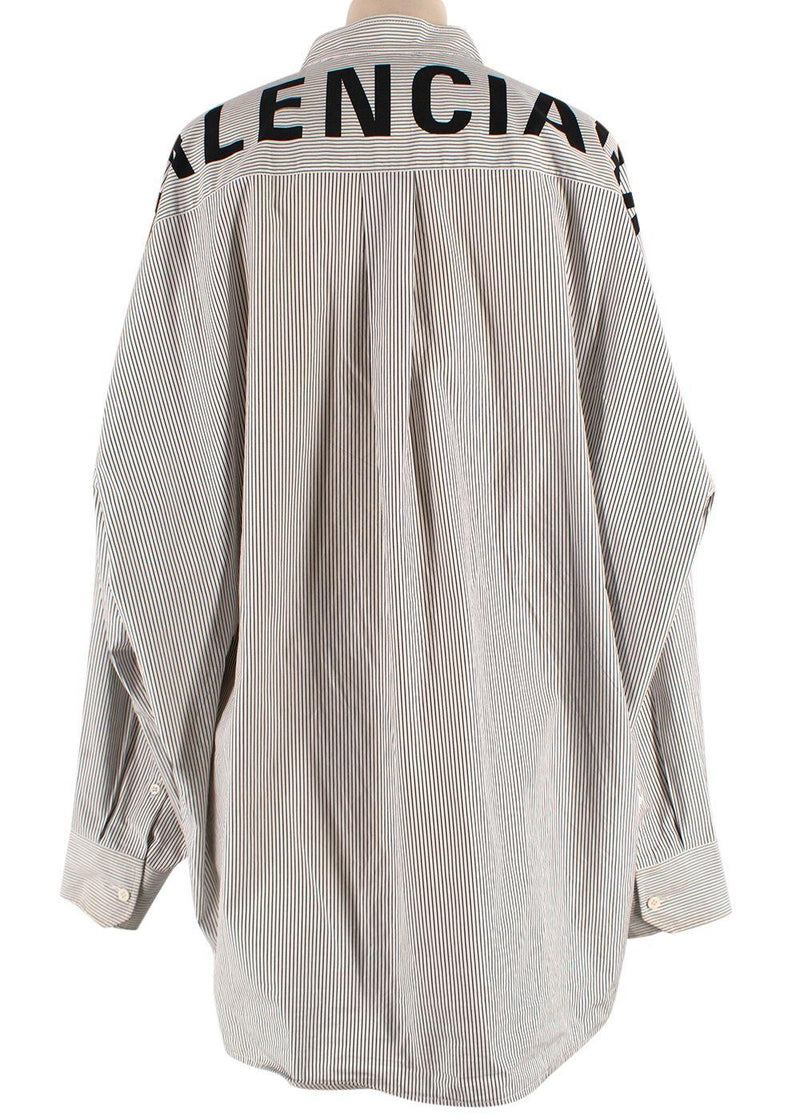 Balenciaga White and Navy Striped Logo Oversized Shirt with Tie Detail
